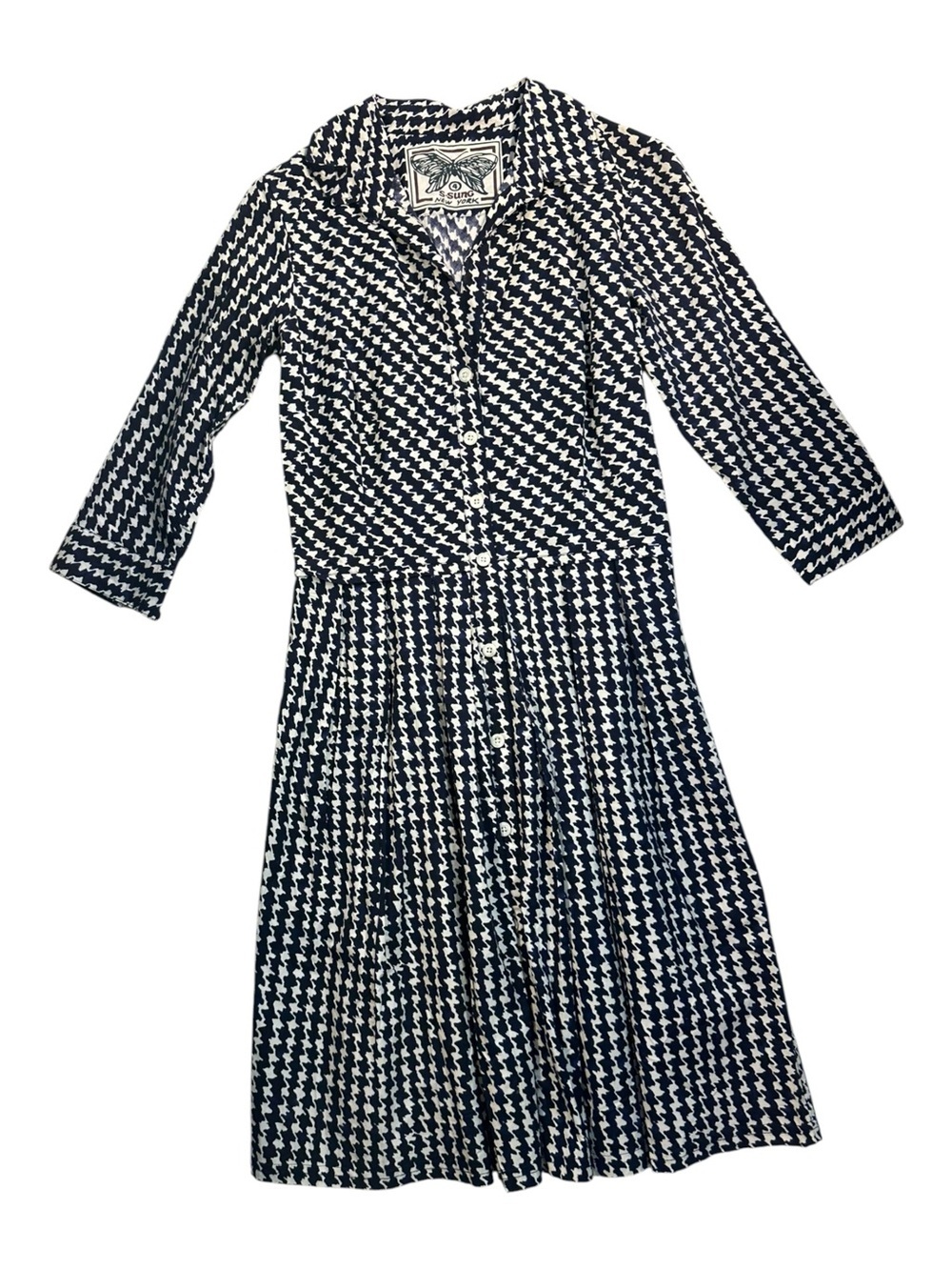 Samantha Sung New York Cotton Silk Hand Printed Navy White Shirt Dress Size 4